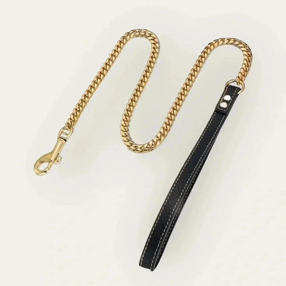 18K Gold Plated Dog Chain Leash Designer Trendy Show Training Black Handle